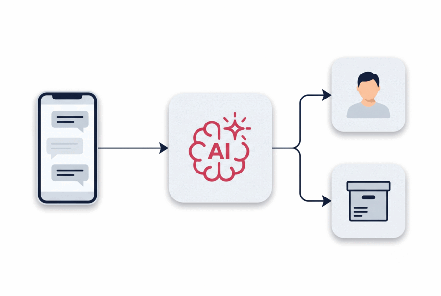 High-volume retailer flow: customer messages to AI to team and store