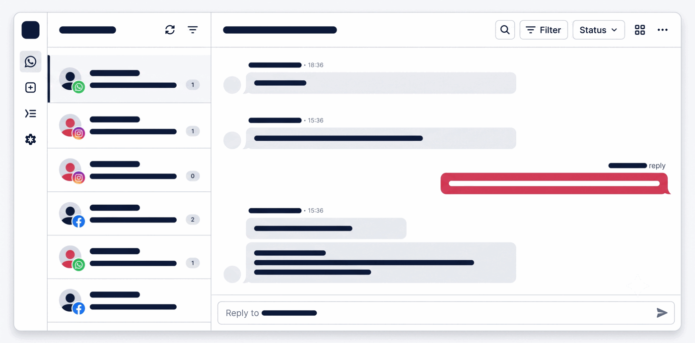 Ramiant shared inbox showing WhatsApp, Instagram and Facebook conversations in one view