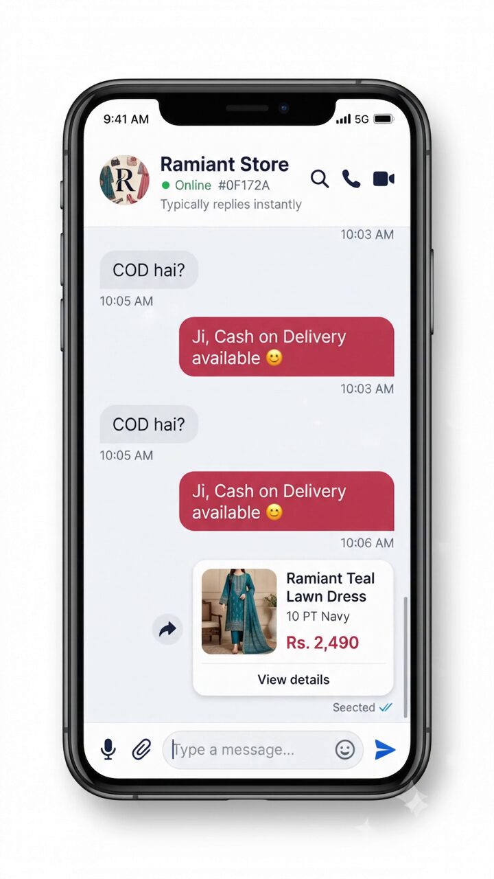 Ramiant AI replying to a customer in Roman Urdu on WhatsApp