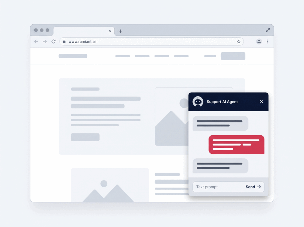 Ramiant AI chat widget open on a store website, replying to a visitor